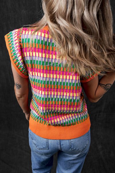 Contrast striped V-neck knit top.