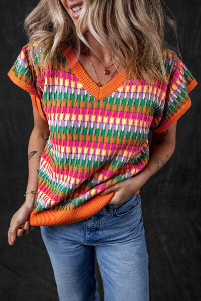 Contrast striped V-neck knit top.