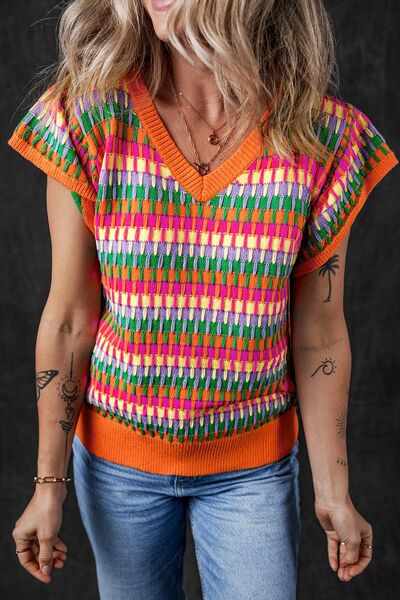 Contrast striped V-neck knit top.