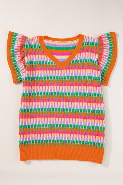 Contrast striped V-neck knit top.
