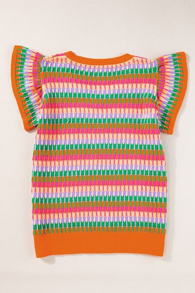 Contrast striped V-neck knit top.