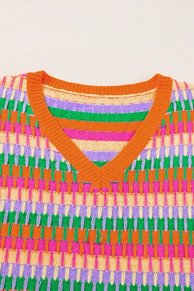 Contrast striped V-neck knit top.