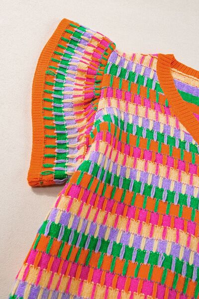 Contrast striped V-neck knit top.