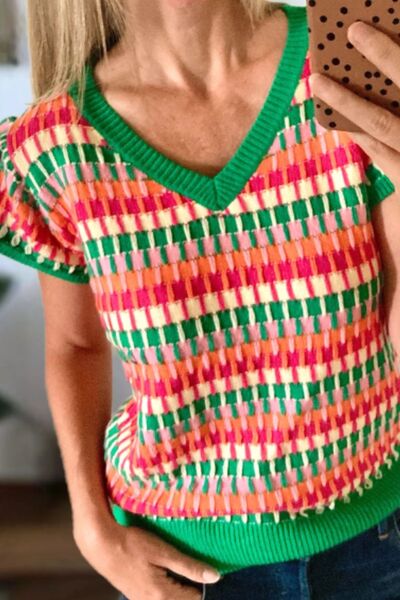 Contrast striped V-neck knit top.