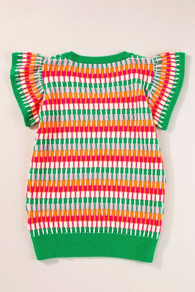 Contrast striped V-neck knit top.