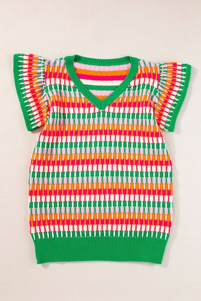 Contrast striped V-neck knit top.