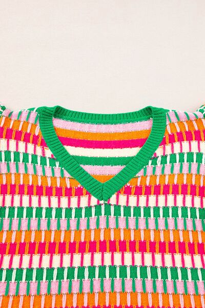 Contrast striped V-neck knit top.