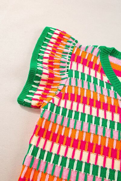 Contrast striped V-neck knit top.