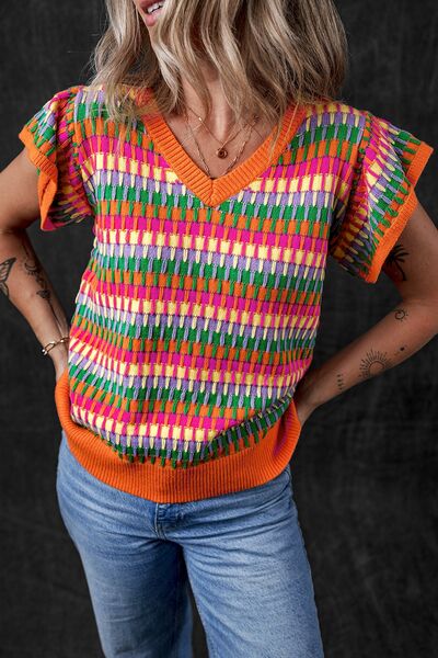 Contrast striped V-neck knit top.