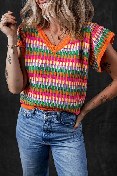 Contrast striped V-neck knit top.