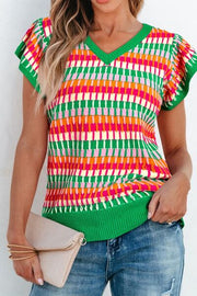 Contrast striped V-neck knit top.