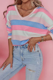 Contrast Striped V Neck Long Sleeve Top