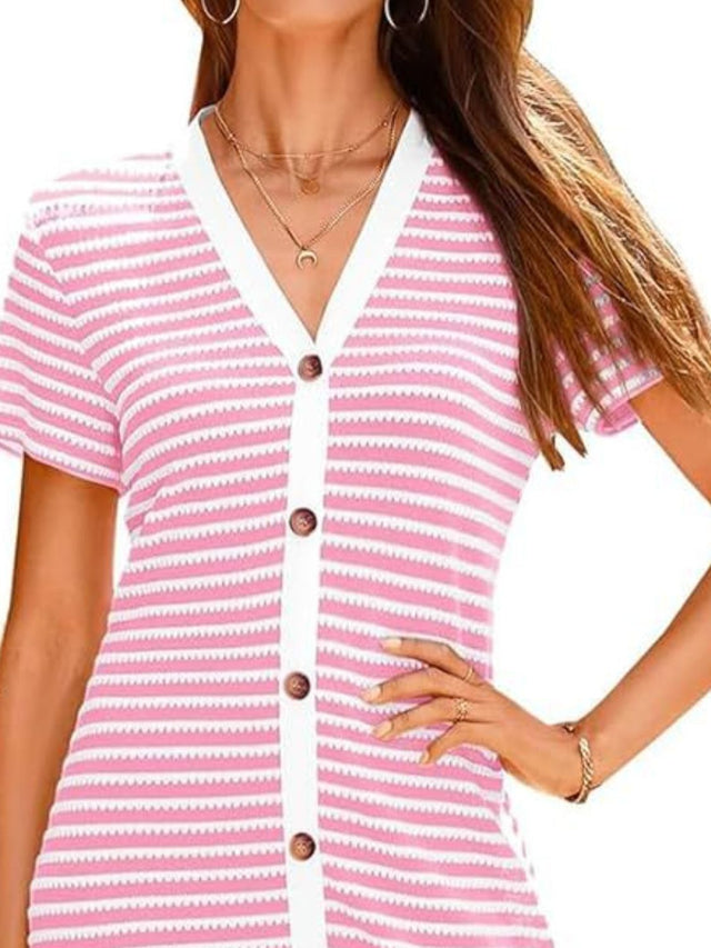 Contrast Striped V-Neck Short Sleeve Midi Dress.
