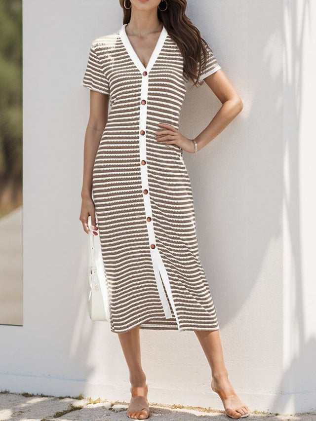 Contrast Striped V-Neck Short Sleeve Midi Dress.