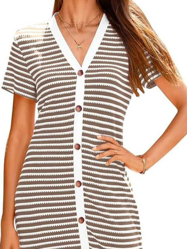 Contrast Striped V-Neck Short Sleeve Midi Dress.