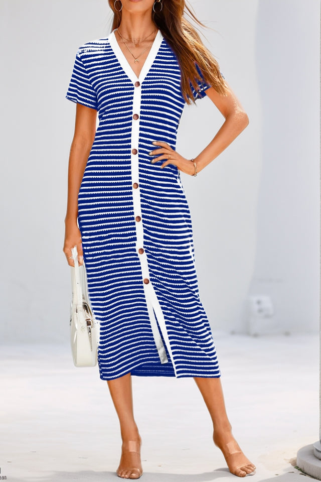 Contrast Striped V-Neck Short Sleeve Midi Dress.