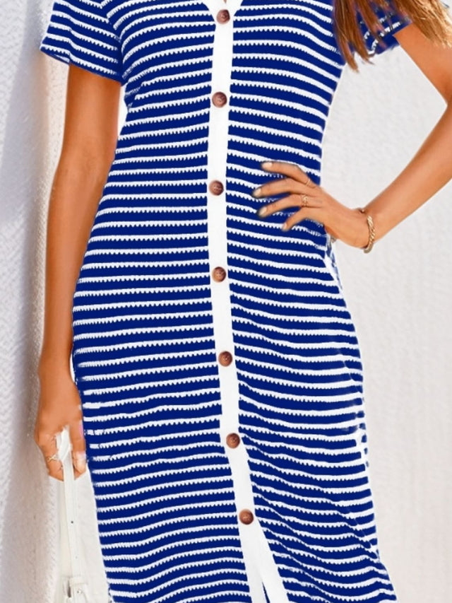 Contrast Striped V-Neck Short Sleeve Midi Dress.