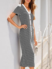 Contrast Striped V-Neck Short Sleeve Midi Dress.