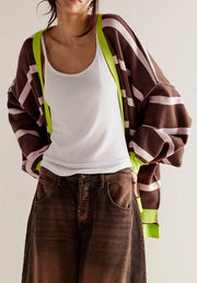 Contrast stripes button down long sleeve cardigan.