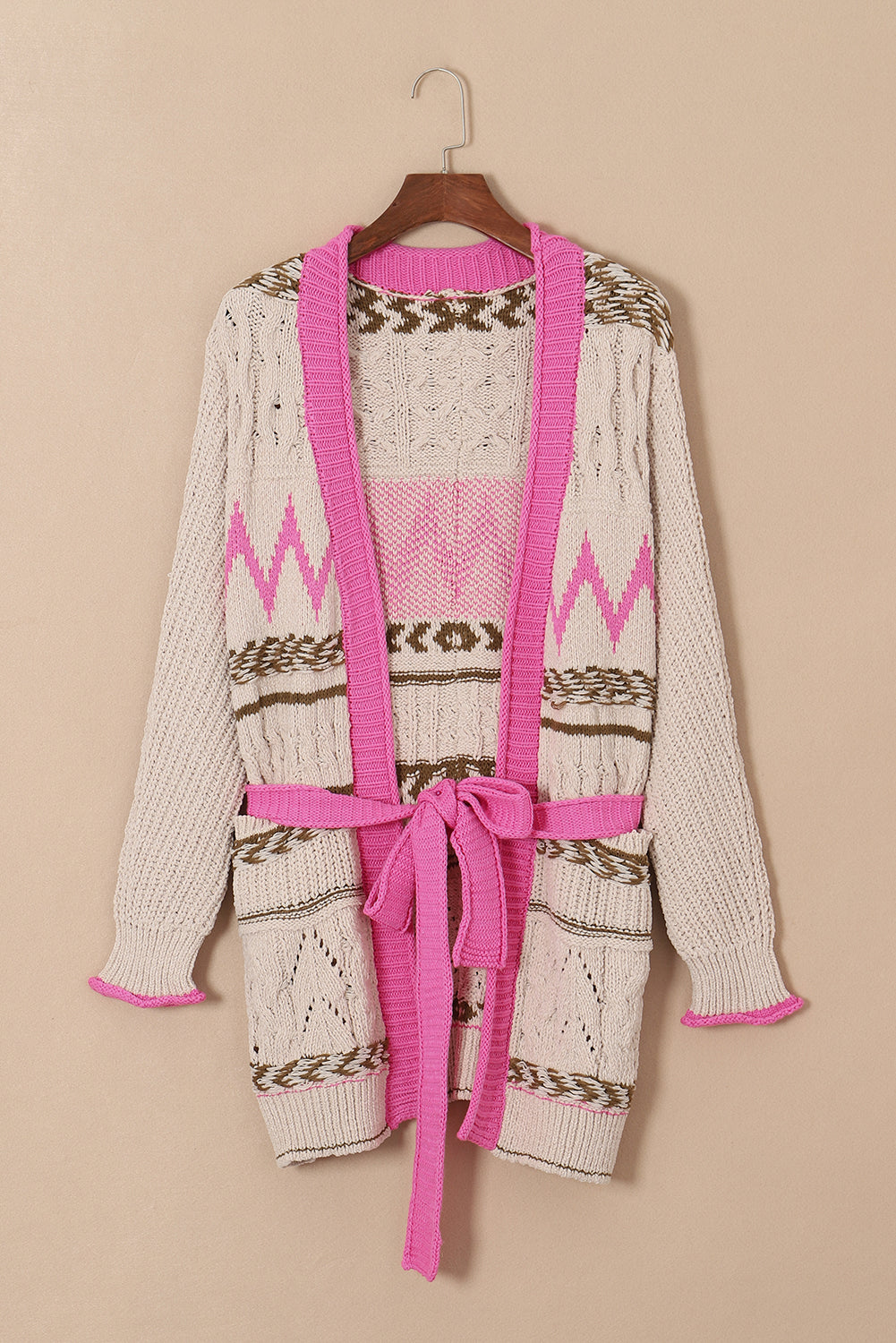Contrast tied open front cardigan.