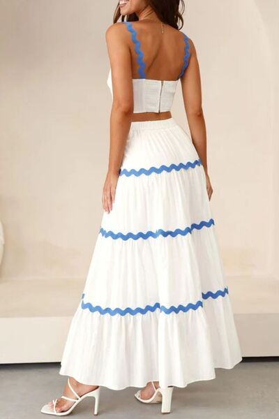 Contrast Trim Cami and Maxi Skirt Set with Ruched Detail.