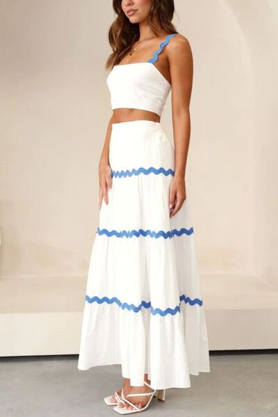 Contrast Trim Cami and Maxi Skirt Set with Ruched Detail.