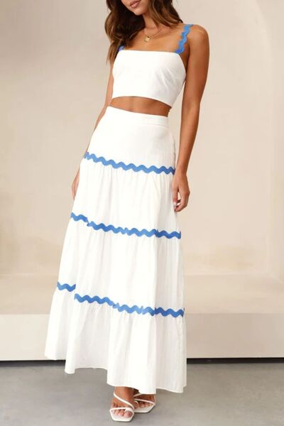 Contrast Trim Cami and Maxi Skirt Set with Ruched Detail.