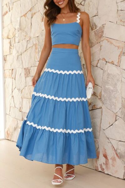 Contrast Trim Cami and Maxi Skirt Set with Ruched Detail.