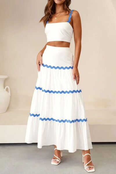 Contrast Trim Cami and Maxi Skirt Set with Ruched Detail.