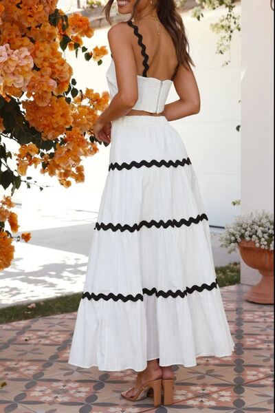 Contrast Trim Cami and Skirt Set with Ruched Detail.