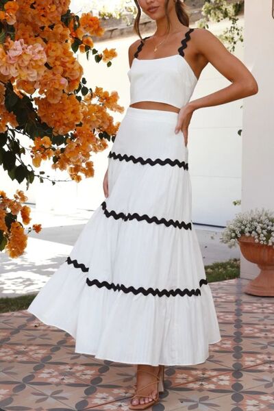 Contrast Trim Cami and Skirt Set with Ruched Detail.