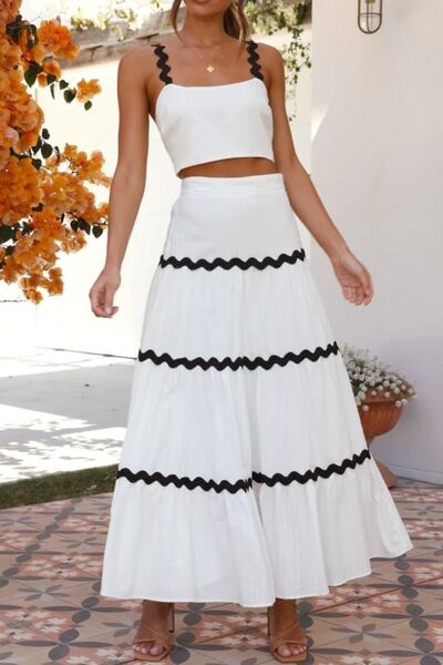 Contrast Trim Cami and Skirt Set with Ruched Detail.