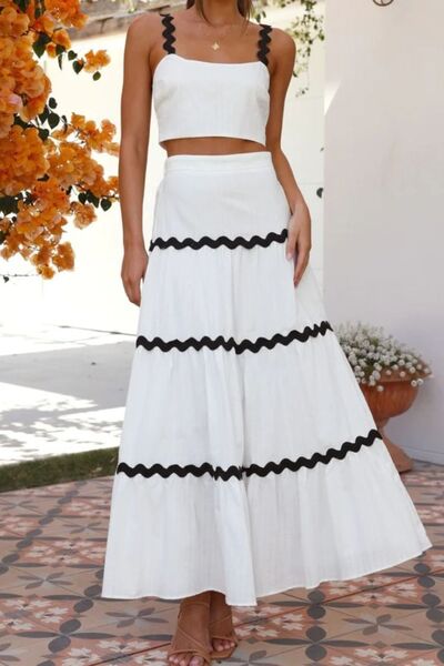 Contrast Trim Cami and Skirt Set with Ruched Detail.
