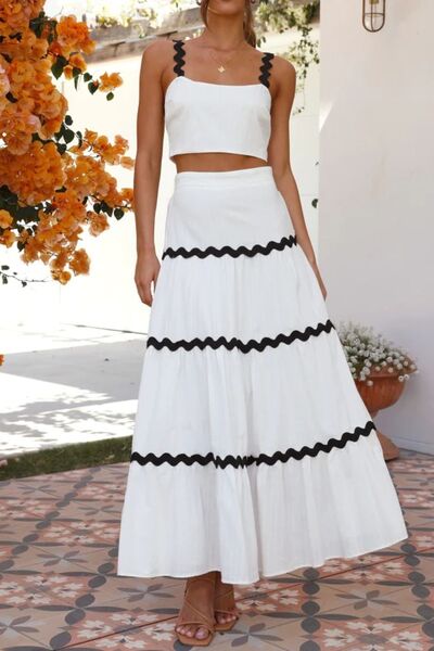Contrast Trim Cami and Skirt Set with Ruched Detail.