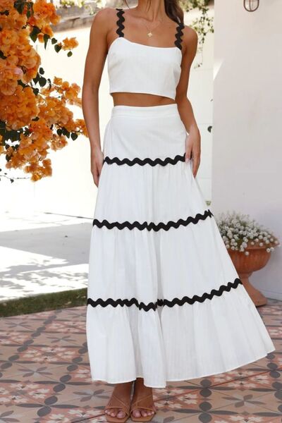 Contrast Trim Cami and Skirt Set with Ruched Detail.
