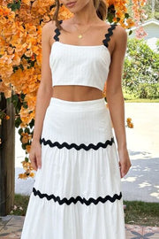 Contrast Trim Cami and Skirt Set with Ruched Detail.