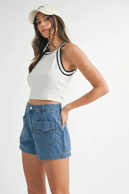 Contrast trim Grecian neck cropped tank with ribbed texture, slightly stretchy.