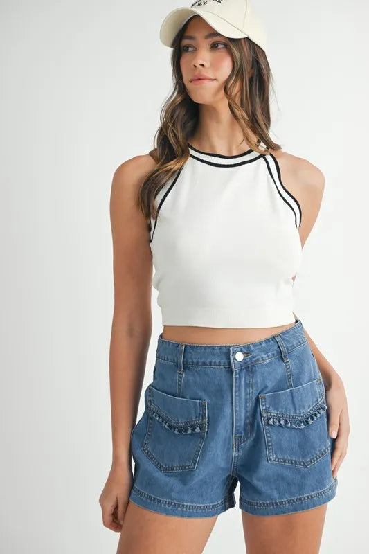 Contrast trim Grecian neck cropped tank with ribbed texture, slightly stretchy.