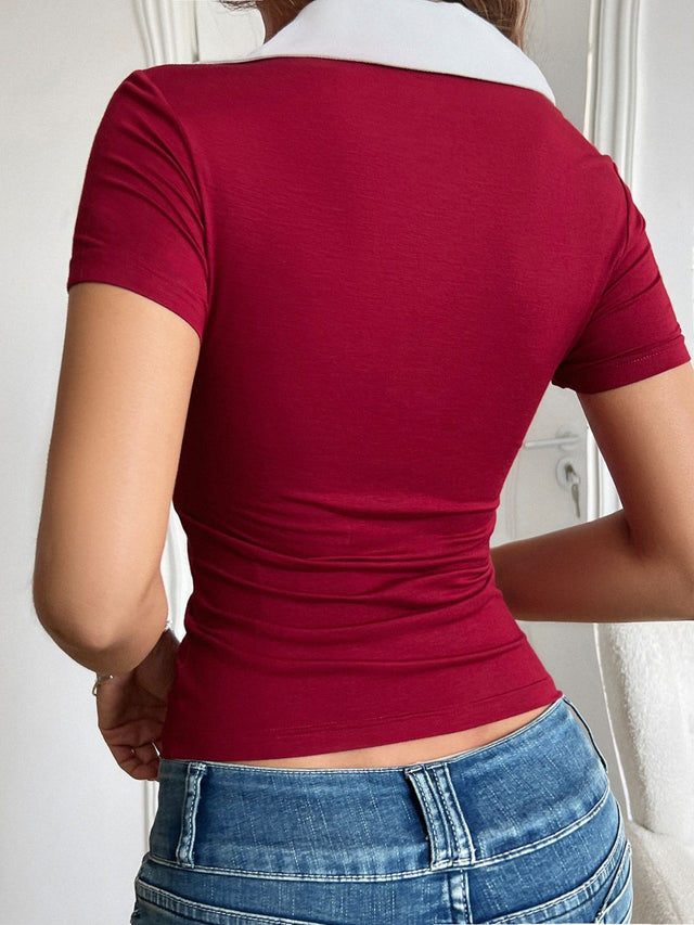 Contrast Trim Johnny Collar Short Sleeve T-Shirt