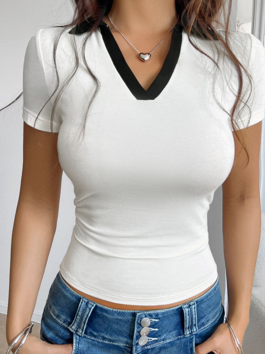Contrast Trim Johnny Collar Short Sleeve T-Shirt
