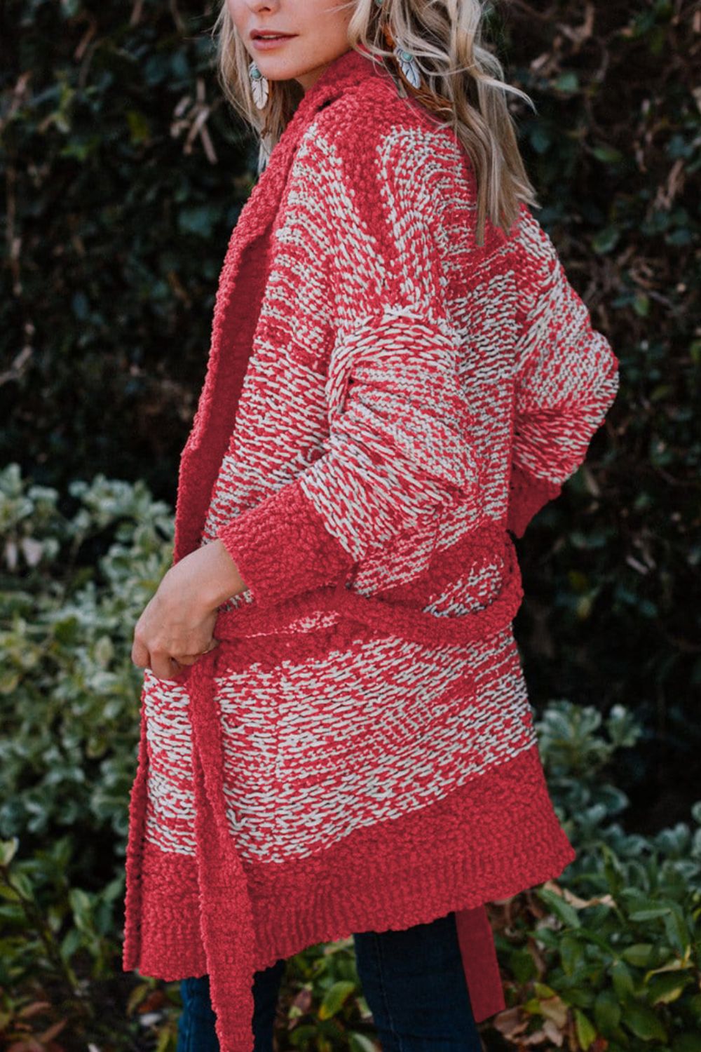 Contrast trim open front longline cardigan with pockets and tie detail.