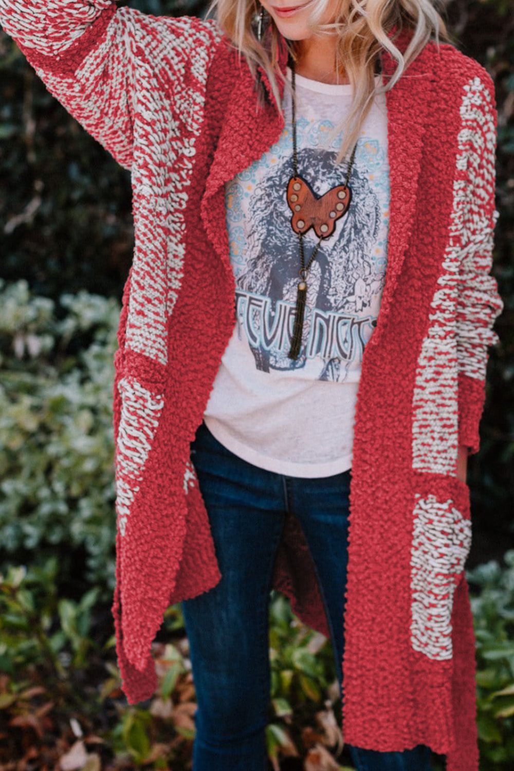 Contrast trim open front longline cardigan with pockets and tie detail.