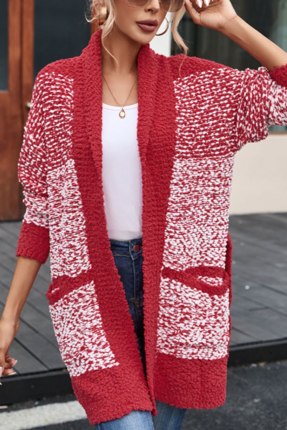 Contrast trim open front longline cardigan with pockets and tie detail.