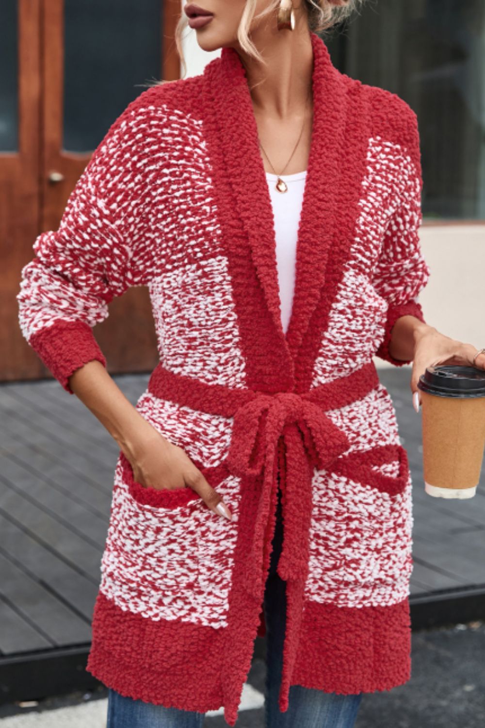Contrast trim open front longline cardigan with pockets and tie detail.