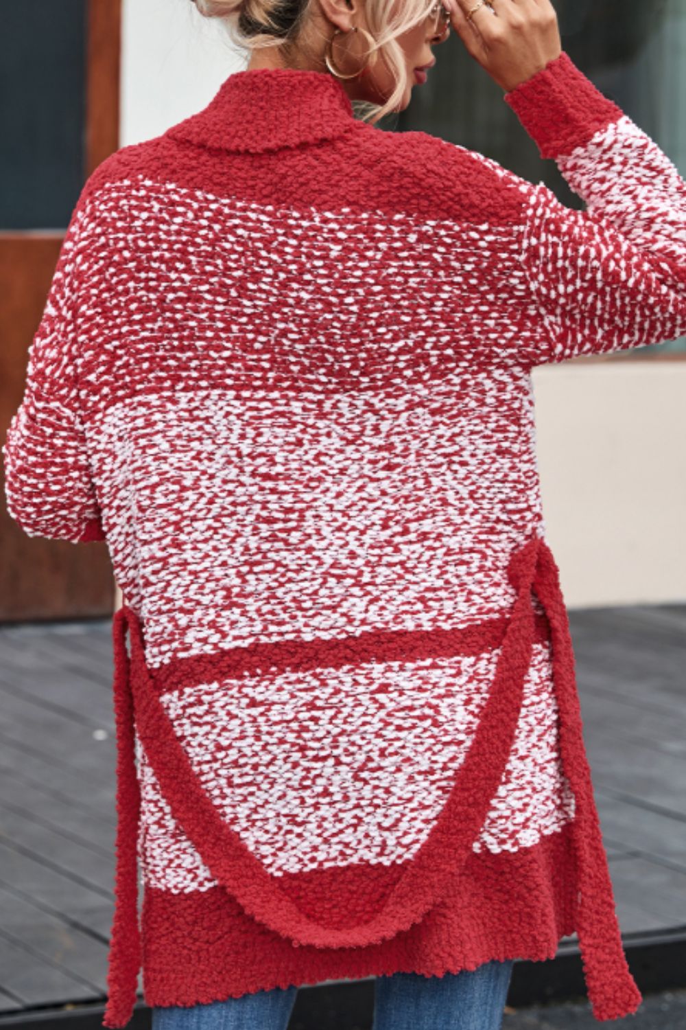 Contrast trim open front longline cardigan with pockets and tie detail.