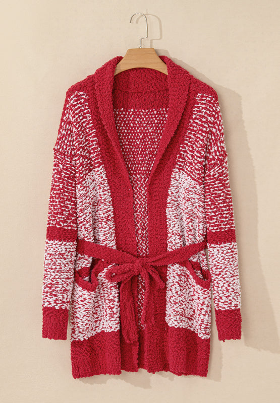 Contrast trim open front longline cardigan with pockets and tie detail.