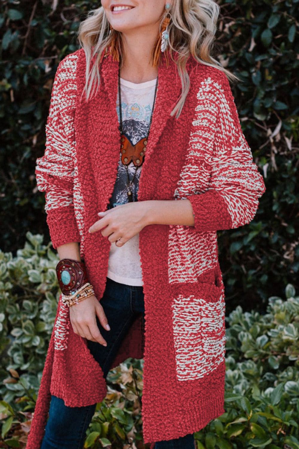 Contrast trim open front longline cardigan with pockets and tie detail.