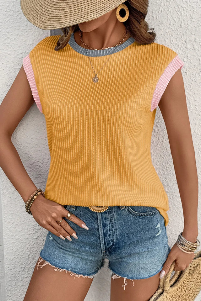 Contrast Trim Ribbed Knit Sleeveless Top.