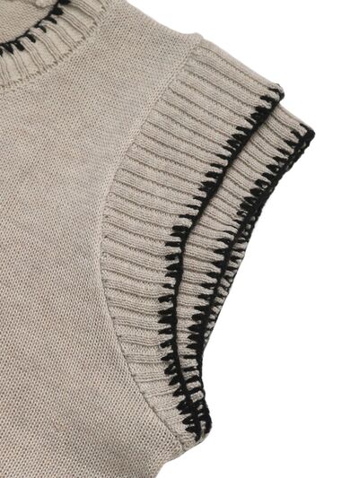 Perfee contrast trim round neck cap sleeve knit top.