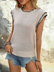 Perfee contrast trim round neck cap sleeve knit top.